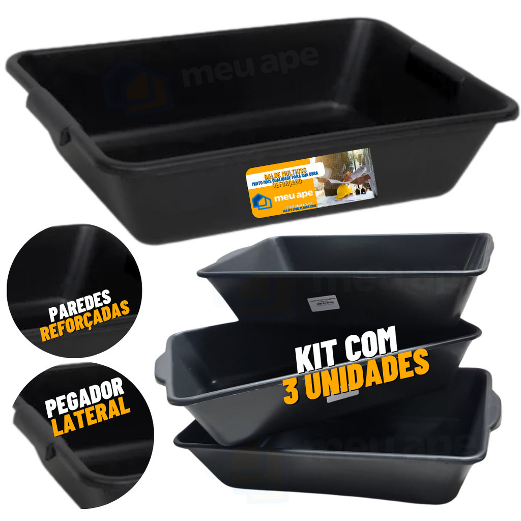 3 Caixa Plástica Para Massa Retangular Obras Reforçada 20LT