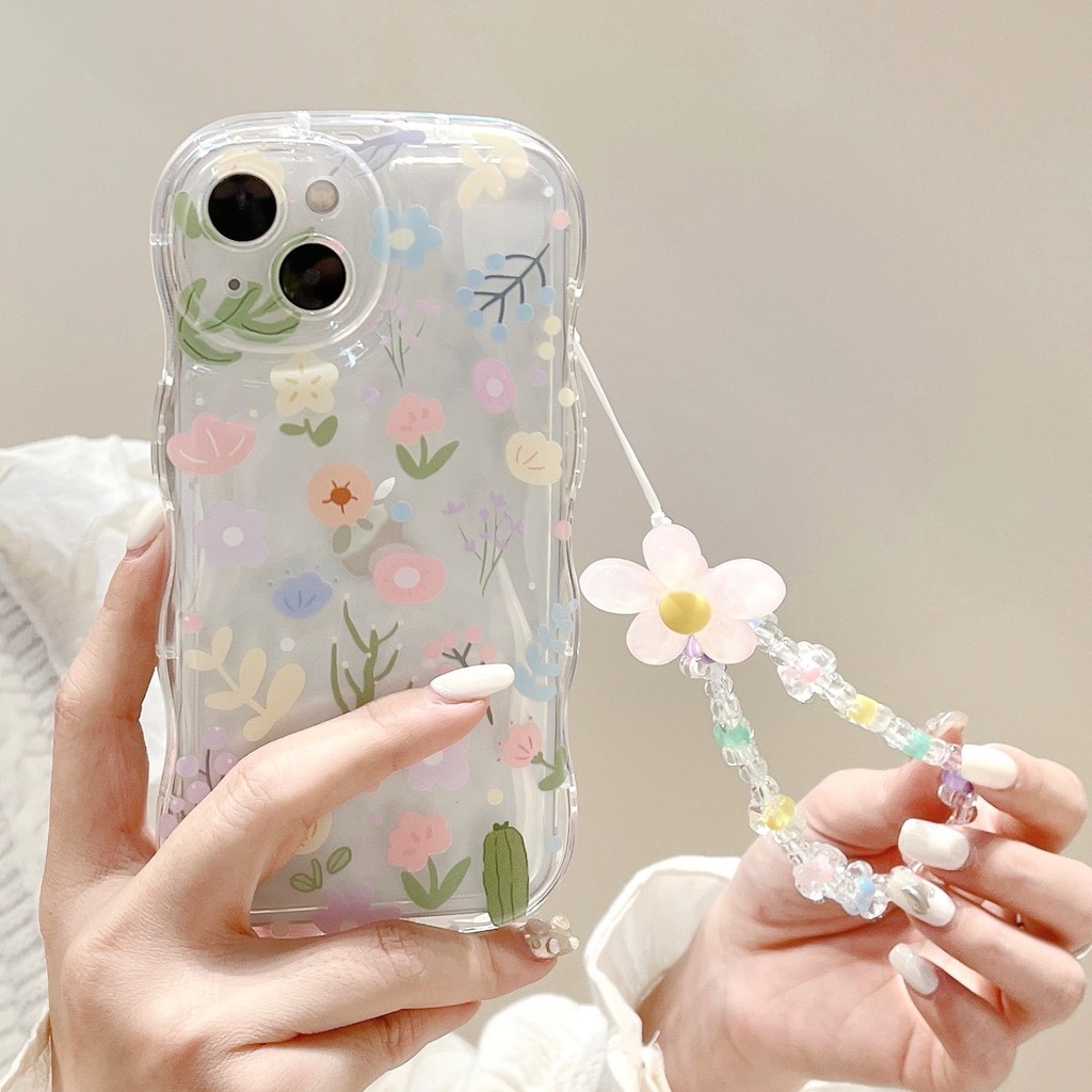 Adequado para iPhone15 14 13 12 11 pro max mais 7 8 x xs xr Tudo incluído Caixa do iPhone Transparente Resistente a choques Caixa do telefone com corrente de flores Resistente a choques