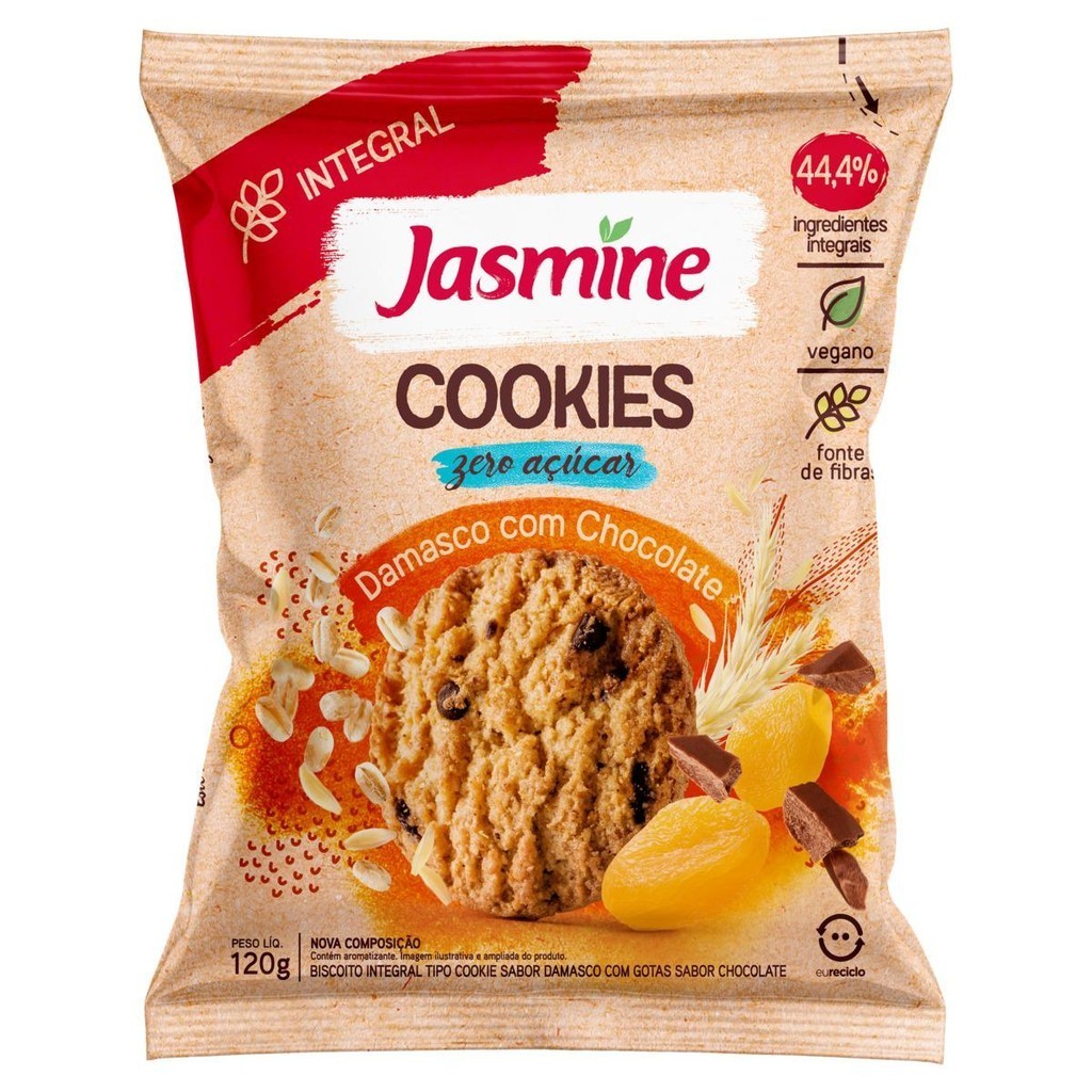 Biscoito Cookie Vegano Integral Damasco com Chocolate Zero Açúcar Jasmine Pacote 120g - Food & Beverages