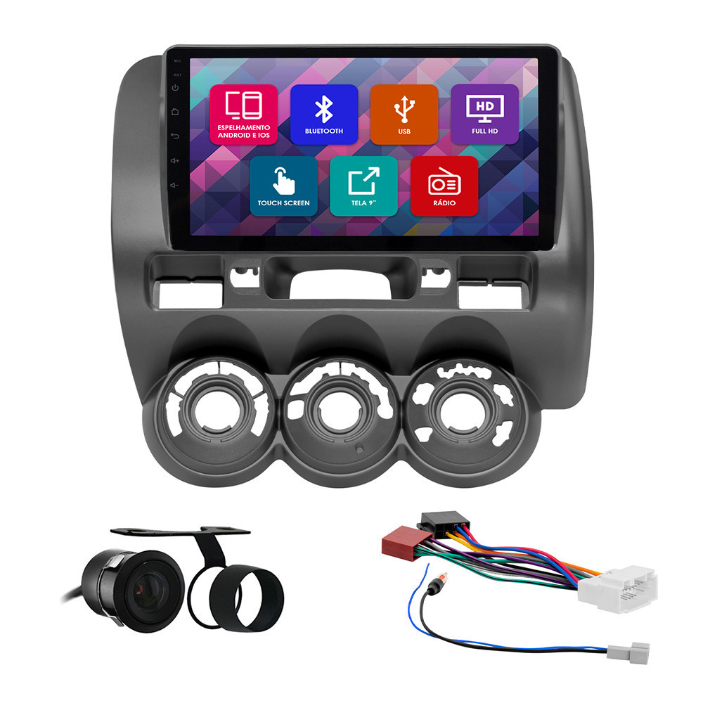 Kit Multimídia 9 Pol Fit 2004 2005 2006 2007 2008 Espelhamento Android Ios 2 Din Grafite Camera Ré