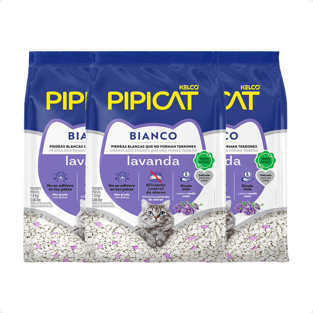 Kit 3 Pipicat Bianco Lavanda Granulado Sanitária - 1,8Kg
