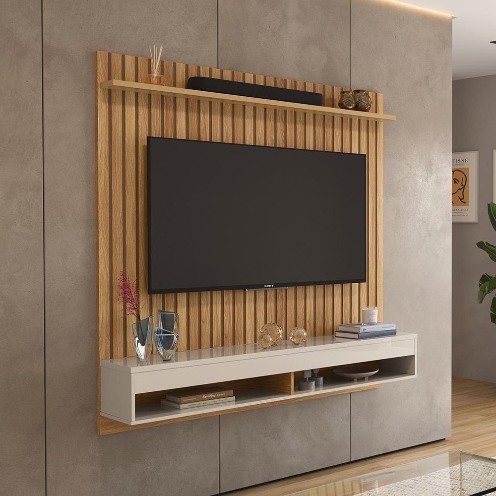 Rack Painel Mdp 15mm Lukaliam Móveis Para Tv até  55 60 65 70 Polegadas Frisado Detroit Com Nicho