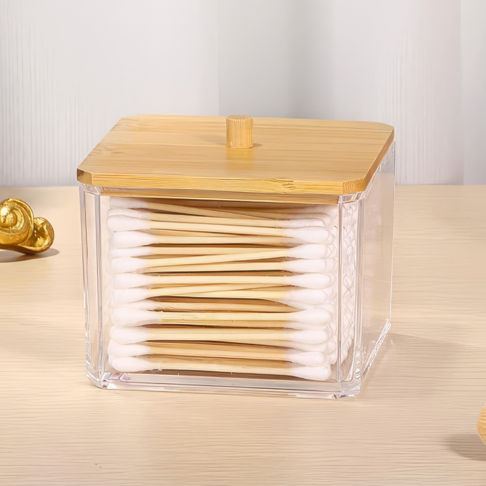 Organizador De Acrílico Com Tampa De Bambu Porta Cotonete