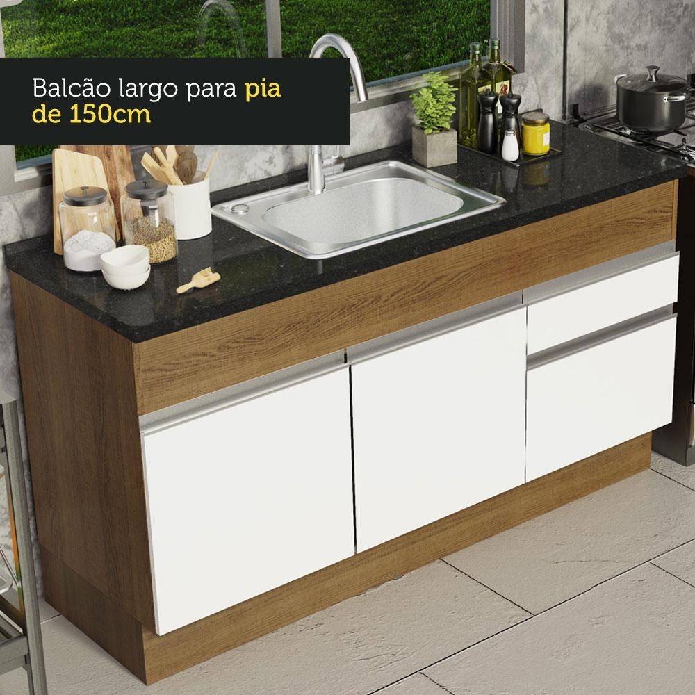 Balcão de Pia Armário de Cozinha 150cm 2 Portas 2 Gavetas (Sem Tampo/Pia) Rustic/Branco Glamy Madesa