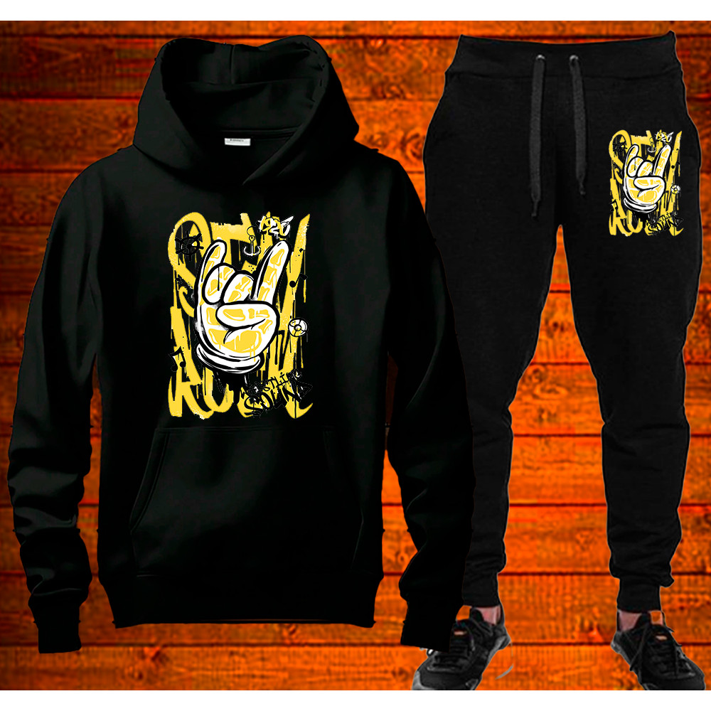 Conjunto Moletom Hands Estampado Streetwear Blusa + calça de moletom Casaco Com Capuz Flanelado Agasalho de Frio Unissex