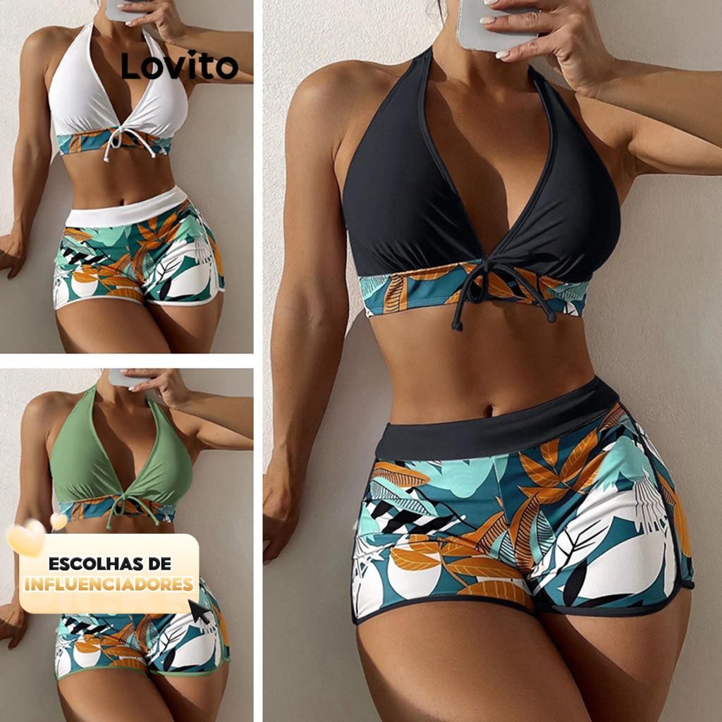 (KOL‘s pick) Lovito Sexy Conjunto Feminino Biquíni com Laço Estampa de Plantas LNL36108 (Branco/Verde/Preto) - Sports & Outdoors