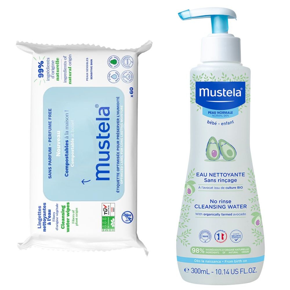Toalhas Umedecidas Compostáveis à Base de Água mais Água de Limpeza Mustela Bebê