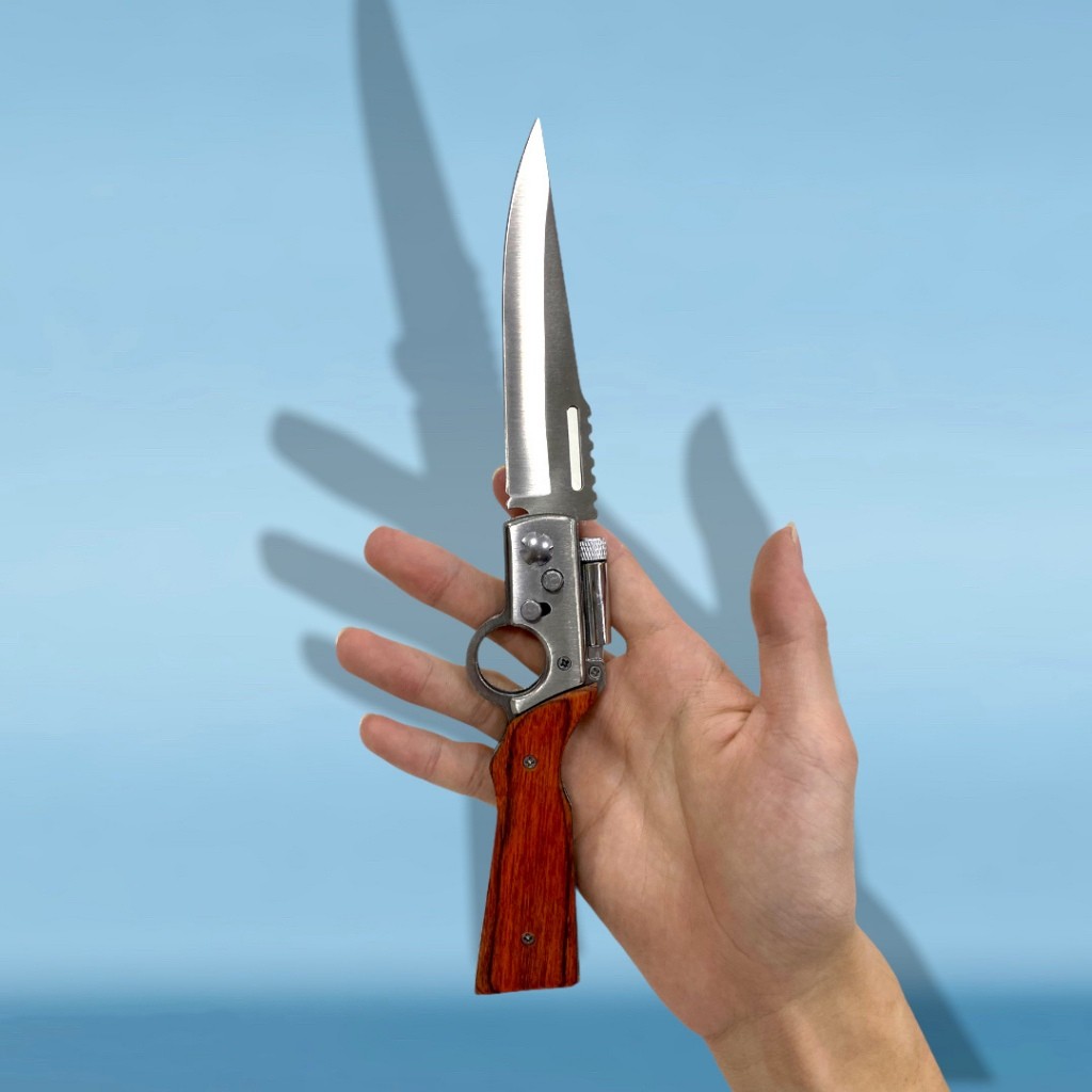 Canivete Automatico 25cm Saque Rapido Com Travar Clipe Caça Pesca Cozinha Com Mini Lanterna em Oferta na Shopee