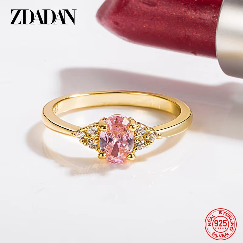 ZDADAN 925 Prata 18K Ouro Oval Rosa Zircão Anel Para Mulheres Joias De Casamento