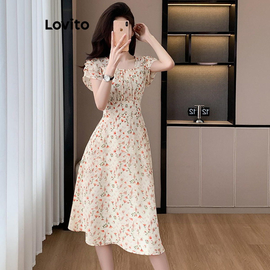 Detalhes do (Trendy) Lovito Vestido Casual Ditsy Floral Jacquard Vestido Para Mulheres LNE70790