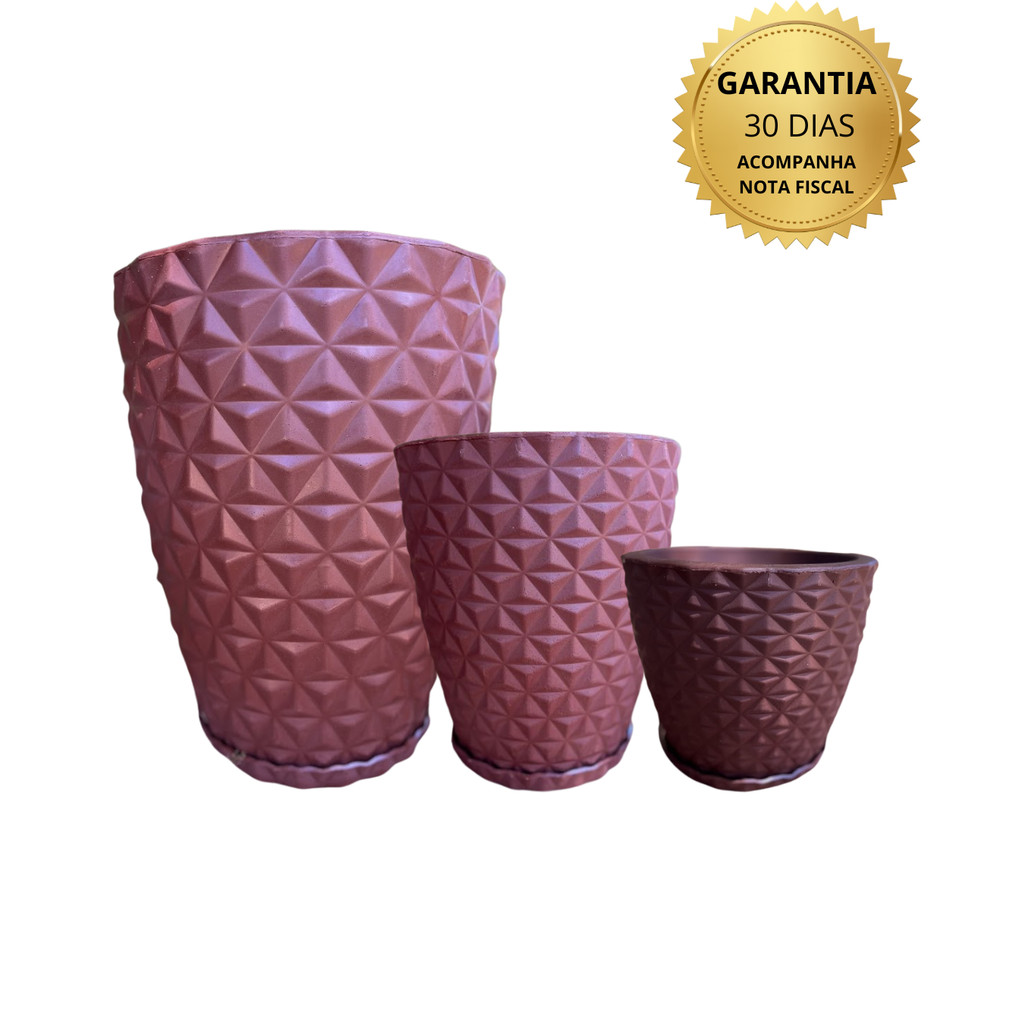 kit 3 Vasos Para Plantas Jardim Flor Coluna Diamante Luxo Decorativo P,M,PP Cor Marrom - Home & Living