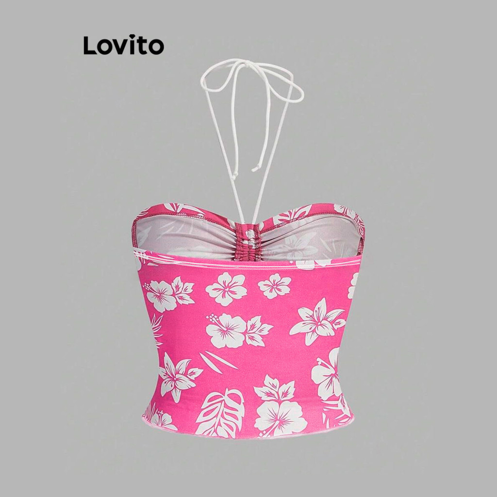 (Trendy) Lovito Regata Casual Floral Franzida Com Cadarço Y2K Regata Feminina L88AD007 (Multicolorido) - Women Clothes