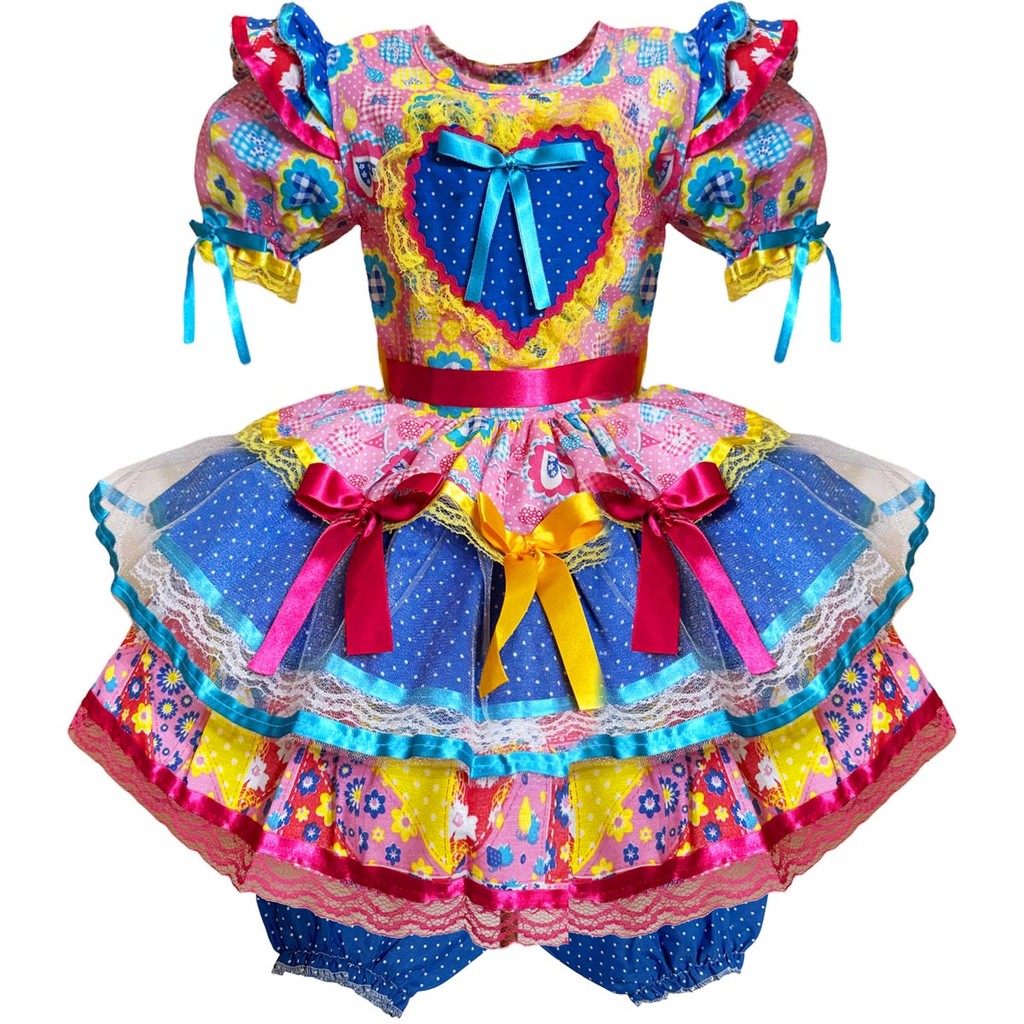 Vestido Festa Junina Infantil Azul Rosa Menina Quadrilha Rodado Caipira Luxo São João