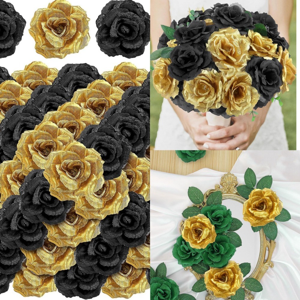 5 Pçs 8cm Cabeças De Flores De Ouro Falso Com Haste Artificial Rosa Artesanato Rosas Artificiais Peças Centrais Flor Cas