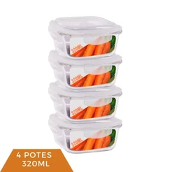 4 Potes Vidro Quadrado 320ml Tampa Hermética Pequeno Papinha