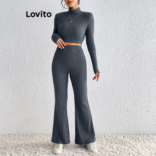 Lovito Conjunto Casual De Calças De Malha Canelada Lisa Para Mulheres LNL50080