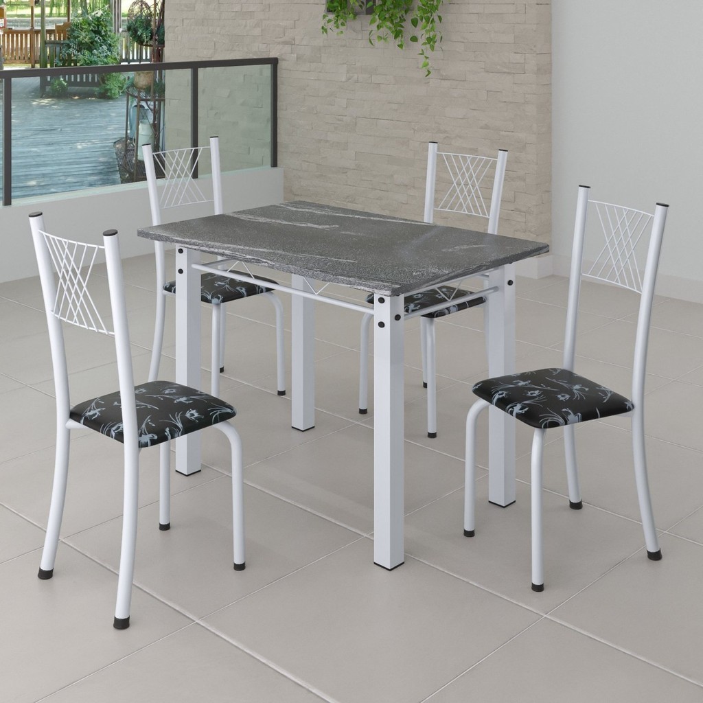 Conjunto de Jantar Mesa 100x60cm Tampo de Granito Topázio com 4 Cadeiras Sara Yescasa Branco/Preto Floral - Home & Living