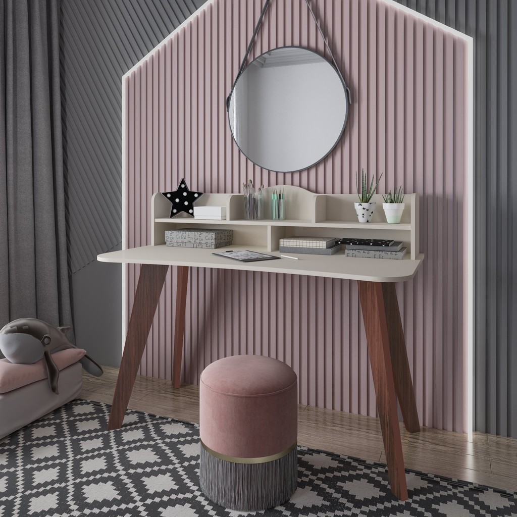 Escrivaninha Mesa Escritório com 5 Nichos 120 cm Penteadeira Feminina Sofia Off White/Cedro 100% em MDF Off White/Cedro