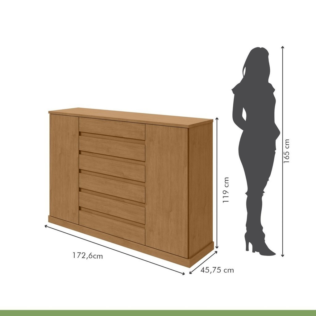 Detalhes do Cômoda 2 Portas 7 Gavetas 3 Prateleiras Vedra Amêndoa Clean