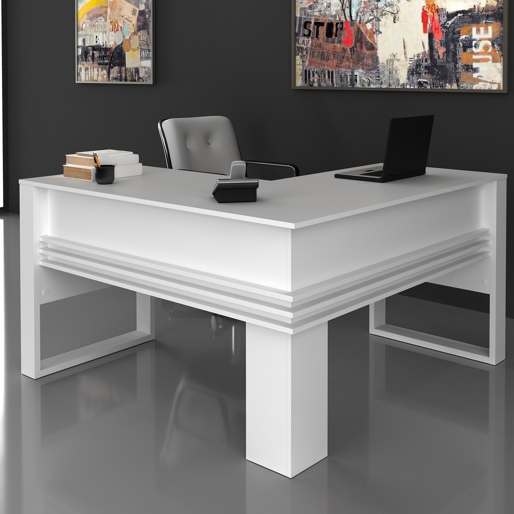 Mesa para Escritório 136cm em L com Detalhe Ripado ME4145 Branco - Home & Living