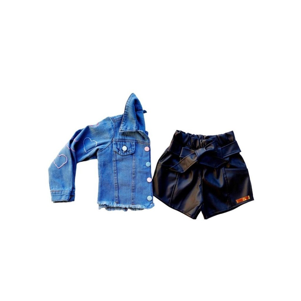 Conjunto love preto jaqueta jeans e short de courino preto inverno tendencia  blogueirinha infantil roupa de menina