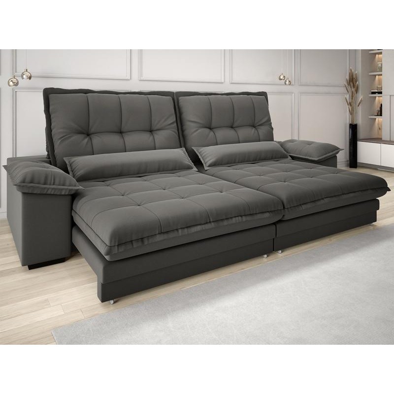 Sofá Bergamo 2,90m Assento Retrátil e Reclinável Velosuede Cinza - NETSOFAS