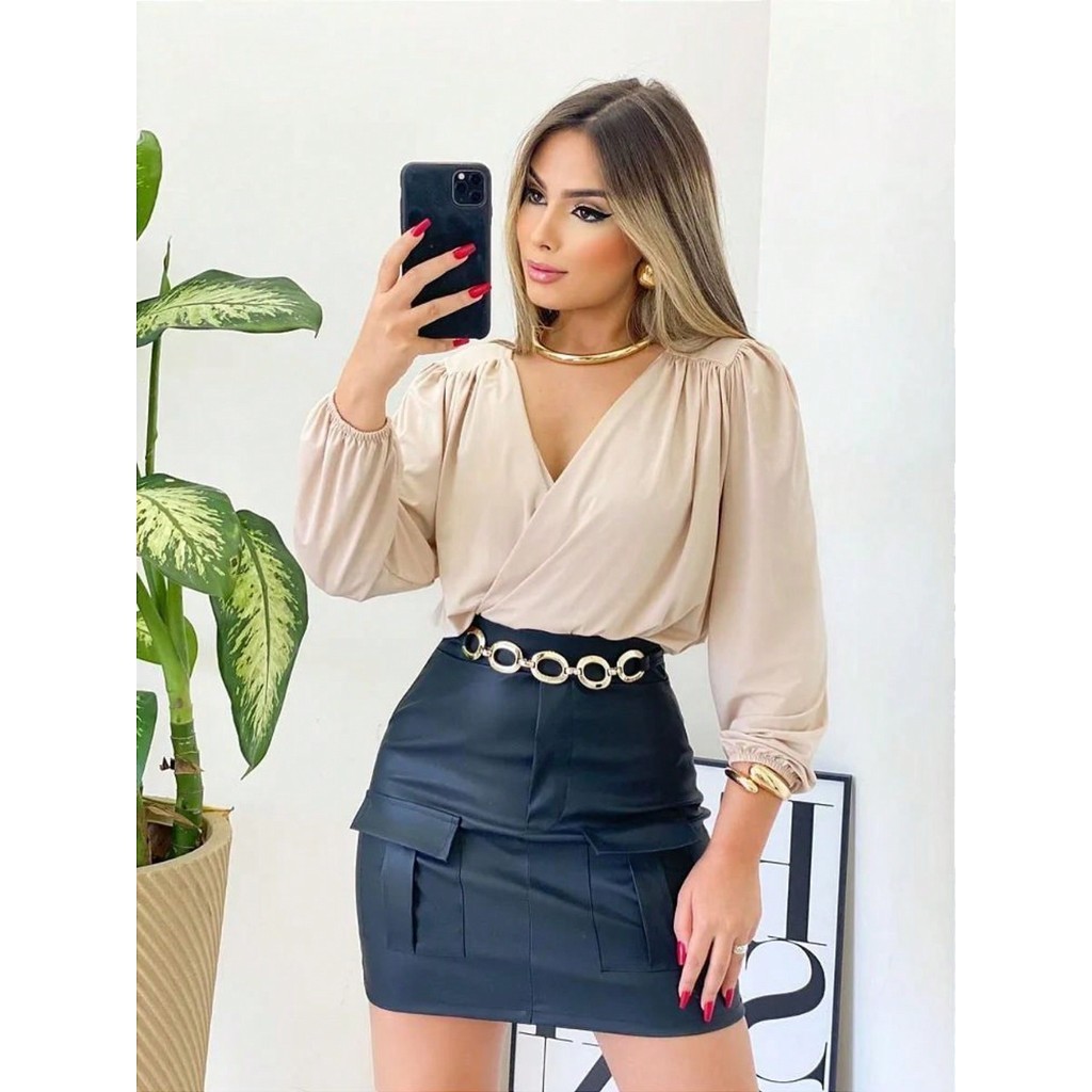 blusa feminina manga longa de suplex decote v transpassado pra invernp