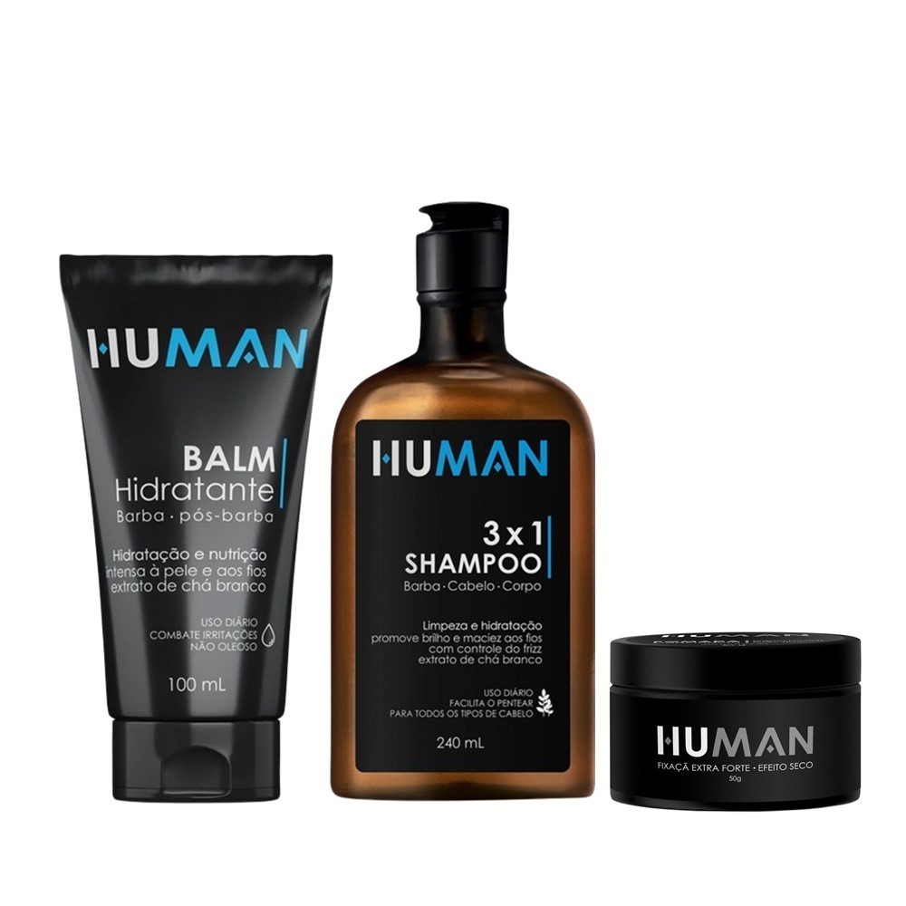 Kit Shampoo 3×1 + Óleo para Barba + Pomada Efeito Matte Seco Extra Forte Human 50g