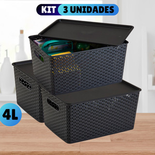 Kit Com 3 Cesto Caixa Organizadora Rattan Com Tampa 4 Litros Preto
