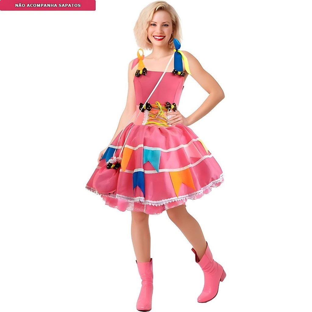 Detalhes do Vestido Rosa de Festa Junina pra Mulher Adulta de Luxo Rodado Com Bandeirinhas e Bolsa