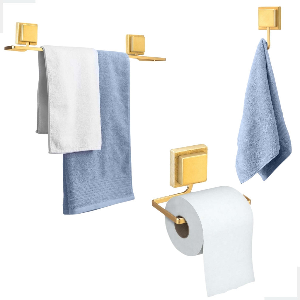 Kit 3 Peças Banheiro Papeleira Gancho Toalheiro De Banho Adesivo 3m Dourado Fixação Dupla Face Arthi - Home & Living