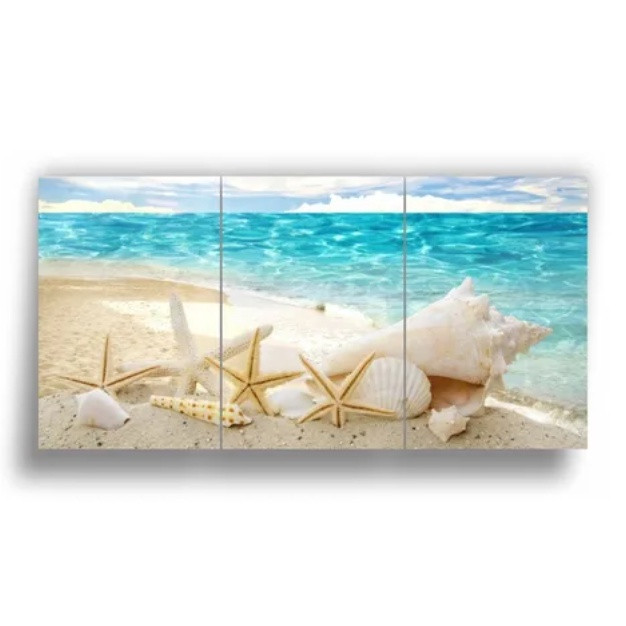 Quadros Decorativo Mosaico 30X50 3 peças Mdf Alta Resolução Full HD Estrela Do Mar Concha