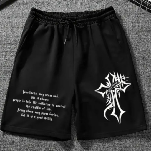 Shorts Moletom Bermuda de malha preto casual Streetwear Cruz Branca Escritas Modelo Gotico Algodão em Oferta na Shopee