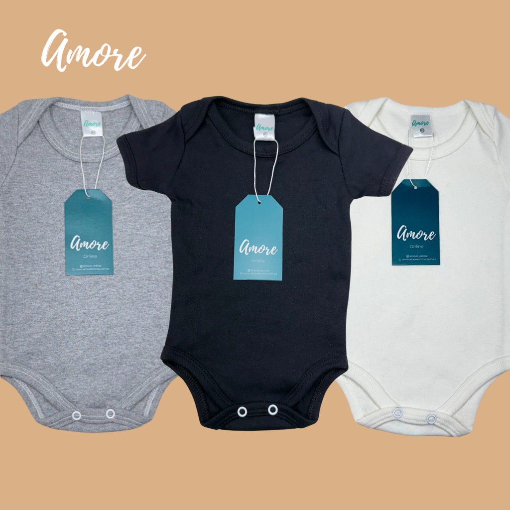 Kit 3 Bodys bebê Minimalista Amore 100% Algodão
