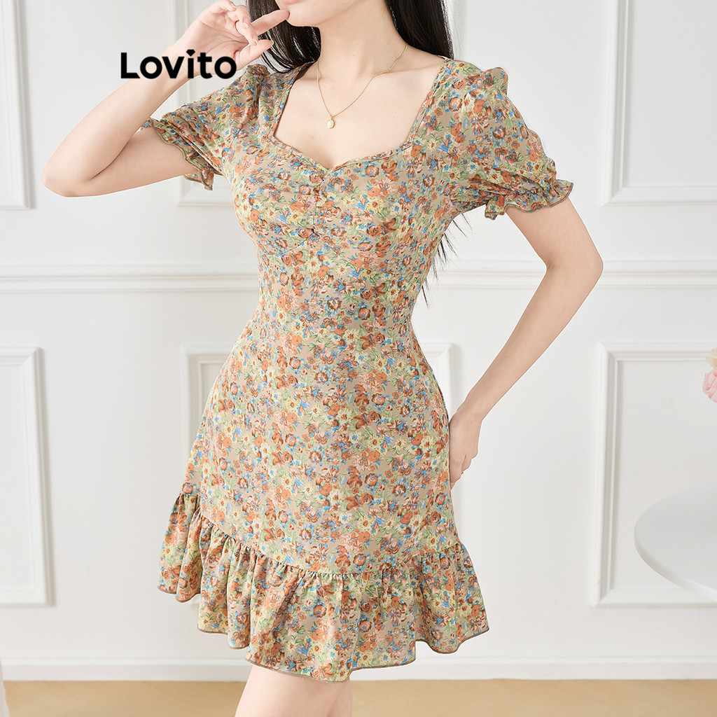 Lovito Boho Ditsy Floral Ruffle Hem Vestido para Mulheres L120ED063 - Women Clothes