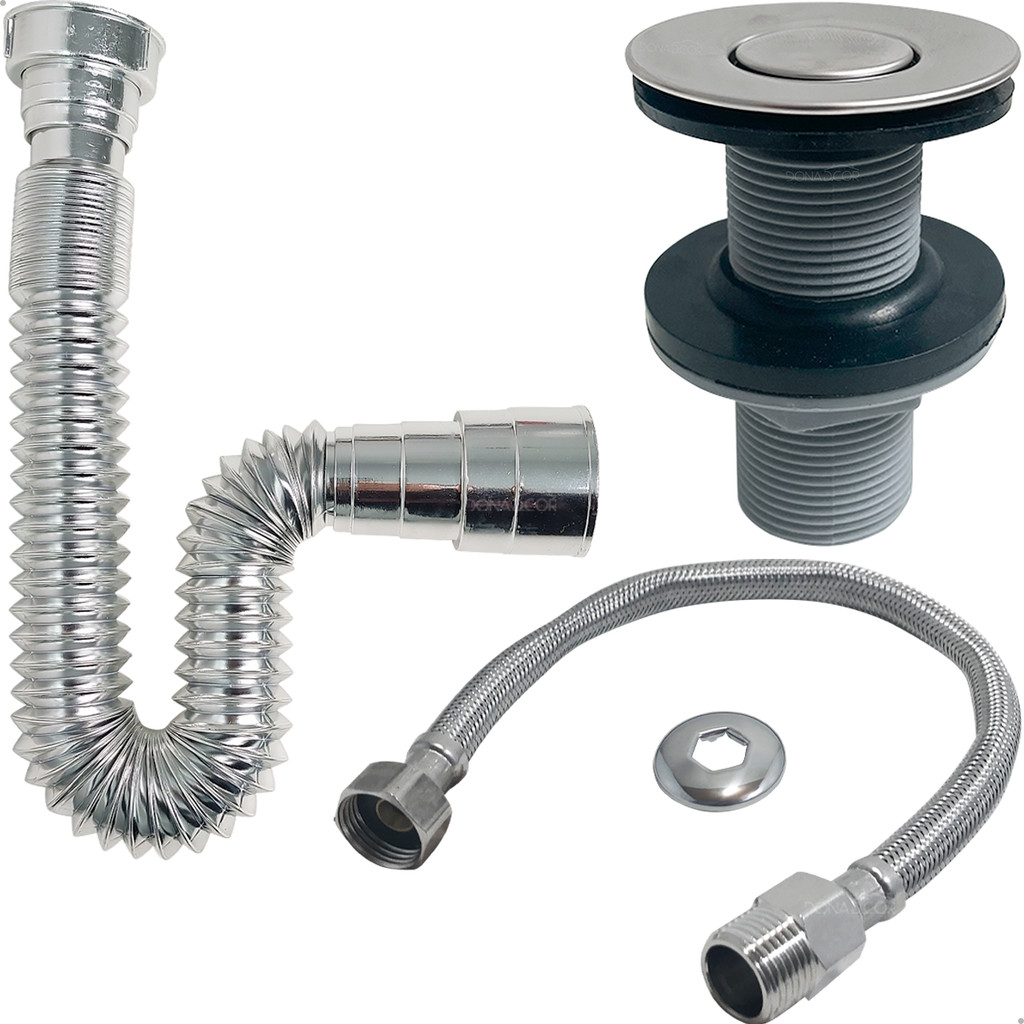 Válvula Click 7/8 ABS Com Sifão Sanfonado Pvc Cromado E Engate Flexível 40cm Inox Kit Pia Lavatório