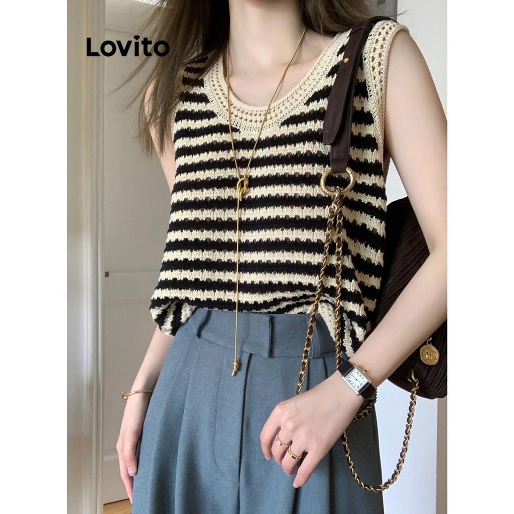 Lovito Top De Malha Casual Listrado Com Laço Para Mulheres LNA56258 - Women Clothes