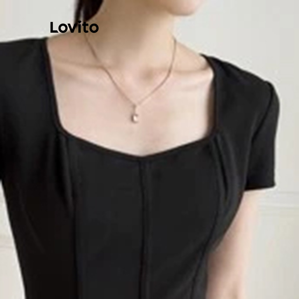 Detalhes do Lovito Camiseta Casual de Estrutura Lisa para Mulheres L92AD891(Multicolorido)
