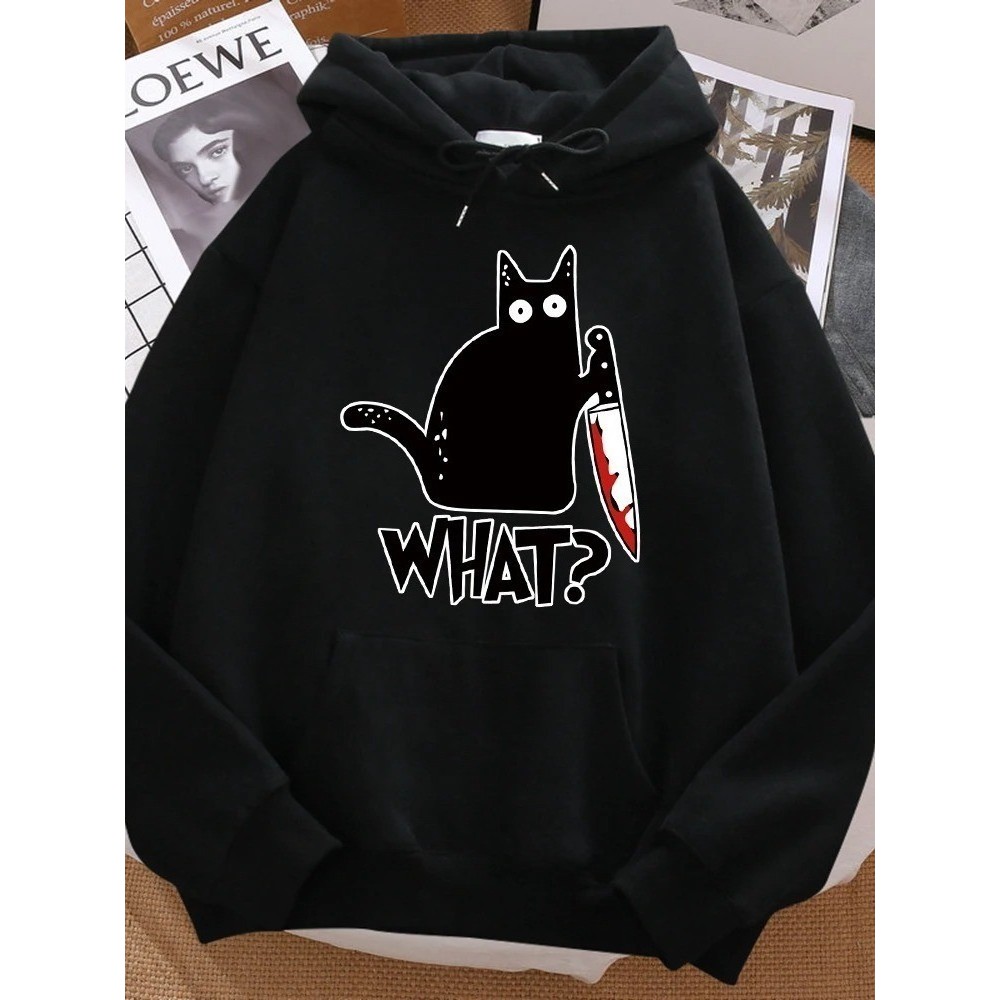 Moleton De Frio Gato Preto Segurando uma Faca Hip Hop Blusa Casaco