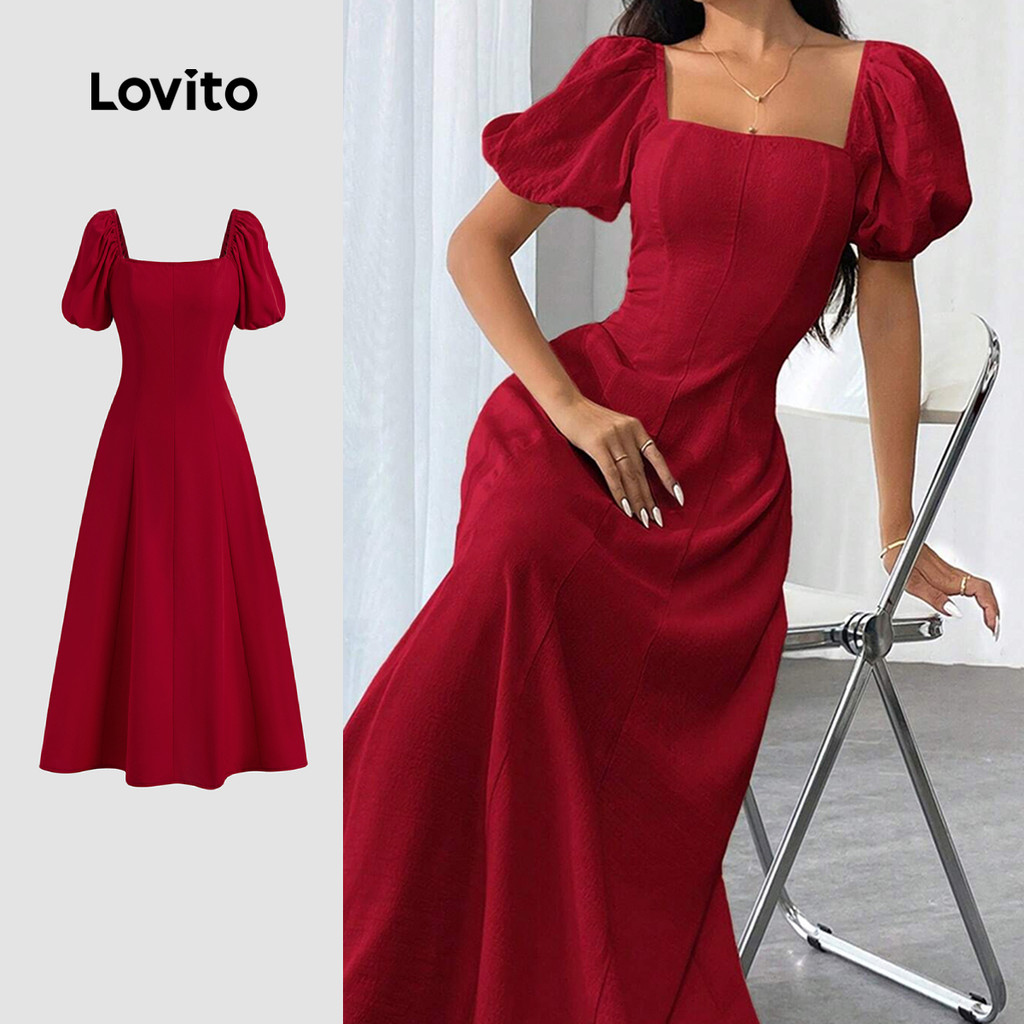 Lovito Vestido Feminino Elegante De Corte Reto Com Mangas Bufantes Para O Verão/primavera LBL22174 em Oferta na Shopee
