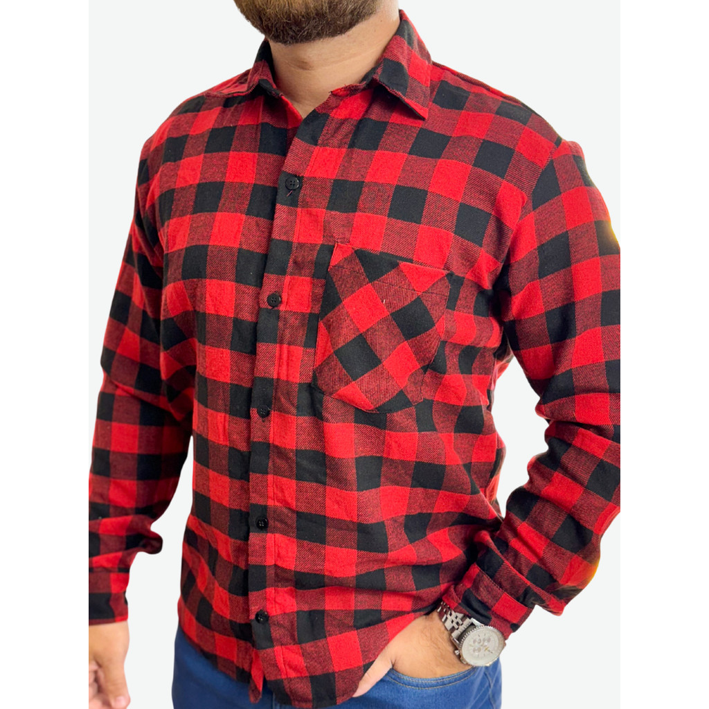 Camisa Masculina Flanelada Xadrez Manga Longa Com Bolso Qualidade Premium Inverno Casual Junina