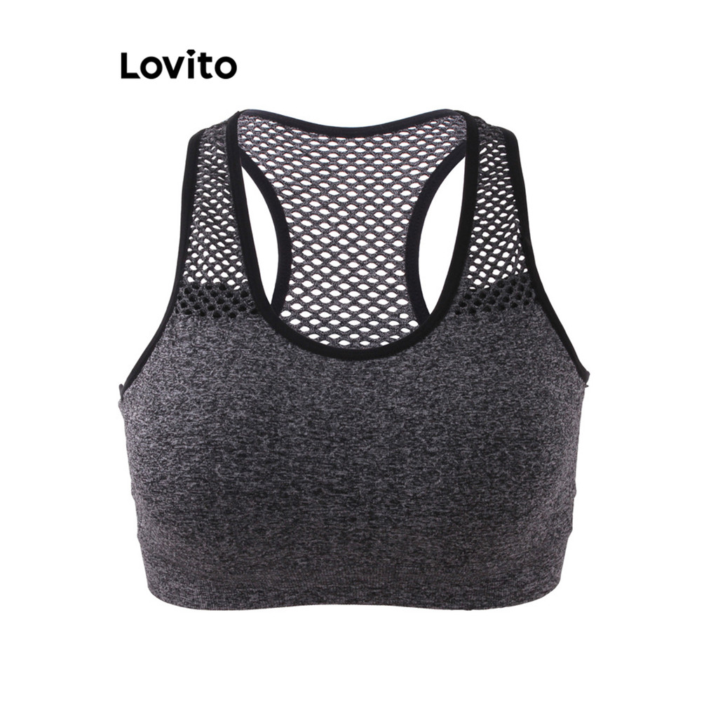 Lovito Sutiã esportivo casual de malha lisa e contrastante para mulheres LNL53025 - Sports & Outdoors