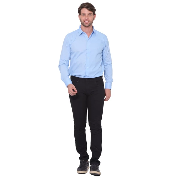 KIT Masculino 2 peças- Camisa Social Premium Tipo Linho Azul Claro Executivo e Calça Skinny Jeans Preto