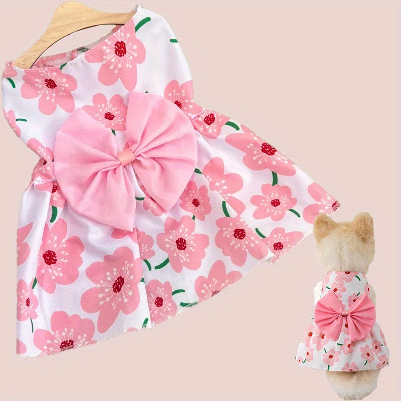 Vestido de Princesa para Cachorro de Verão |   Estampa Floral com Laço Rosa |   Saia de malha de poliéster para animais