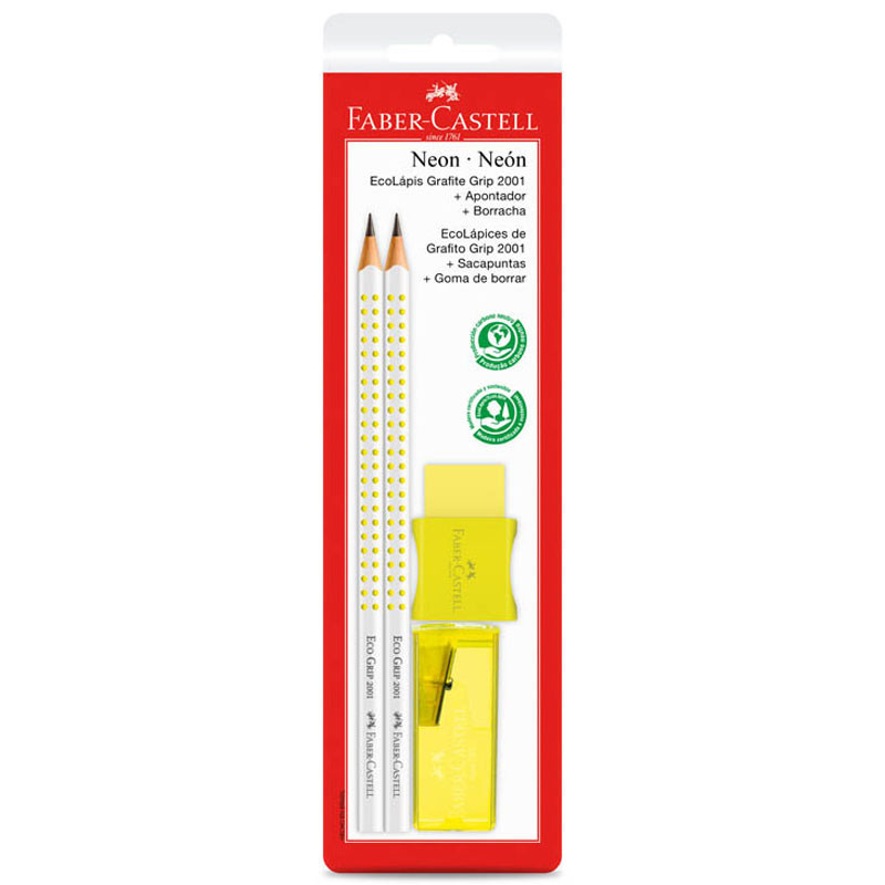 Lápis preto Neon Amarelo SM/2001FAAM com 2 lápis 1 borracha e 1 apontador Faber-Castell - Stationery