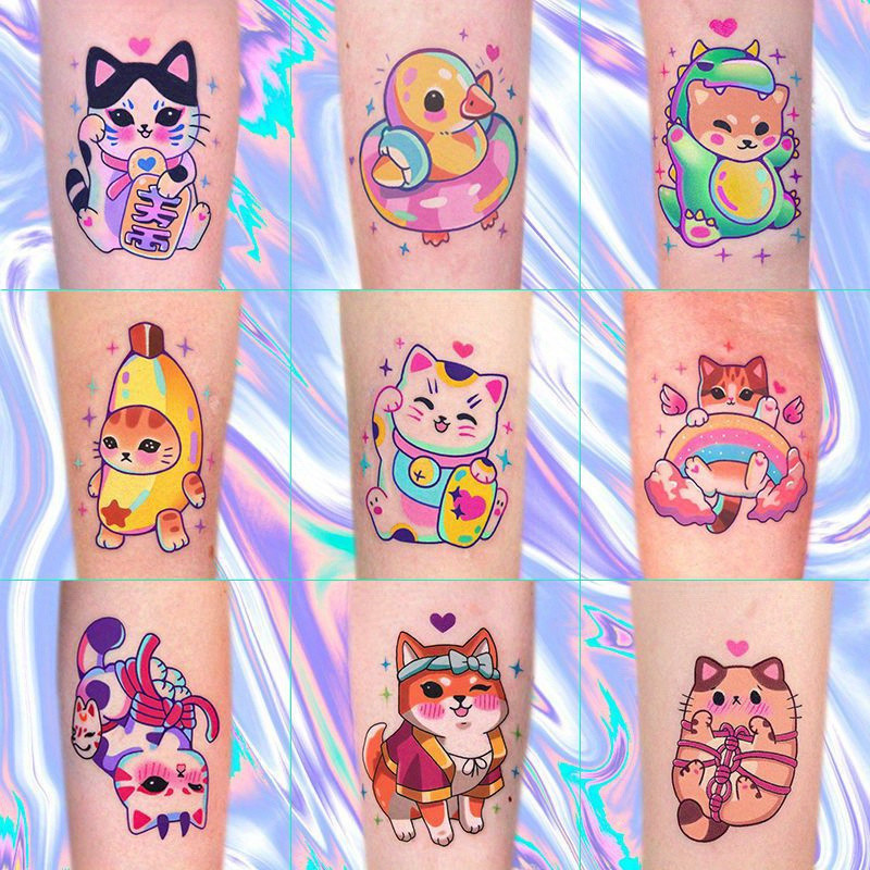 48 Padrões (8 Folhas) Super Fofo Desenho Animado Gato Tatuagem Adesivo À Prova D'água Mulher Menina Falsa Simulação Dura