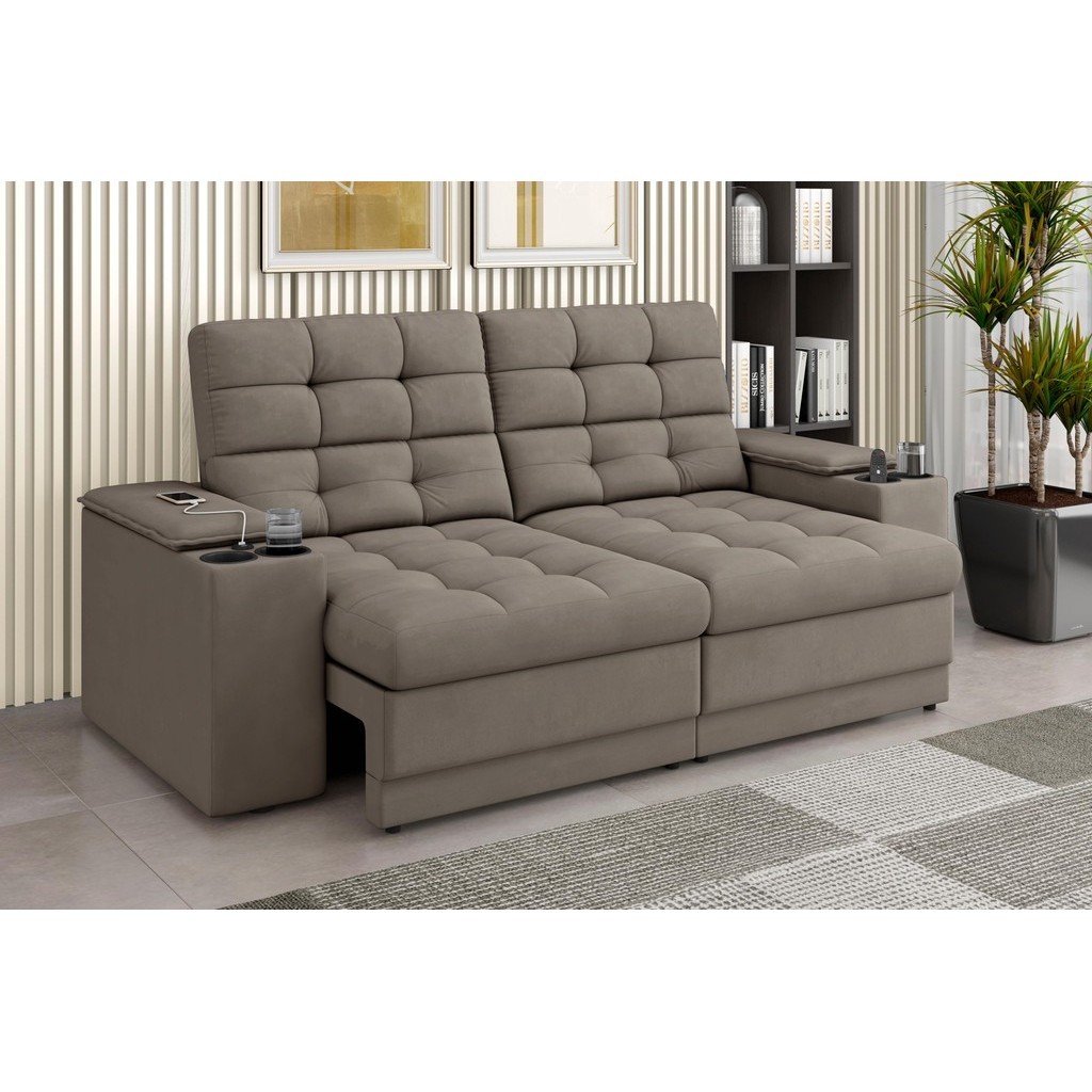 Sofá Confort Premium 2,05m Assento Retrátil/Reclinável porta copos e USB Suede Capuccino-XFlex Sofas