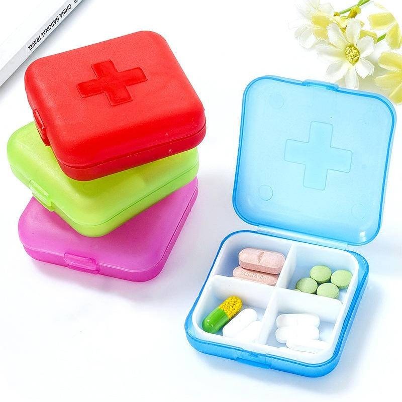 Caixa de remédios de 4 compartimentos em plástico, pequena e portátil, caixa de armazenamento de medicamentos em quatro