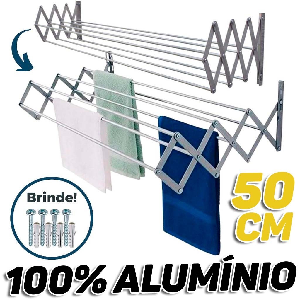 Varal Roupa Parede Sanfonado 50cm Alumínio Retrátil Grande Dobrável Articulado Forte Resistente - Home & Living