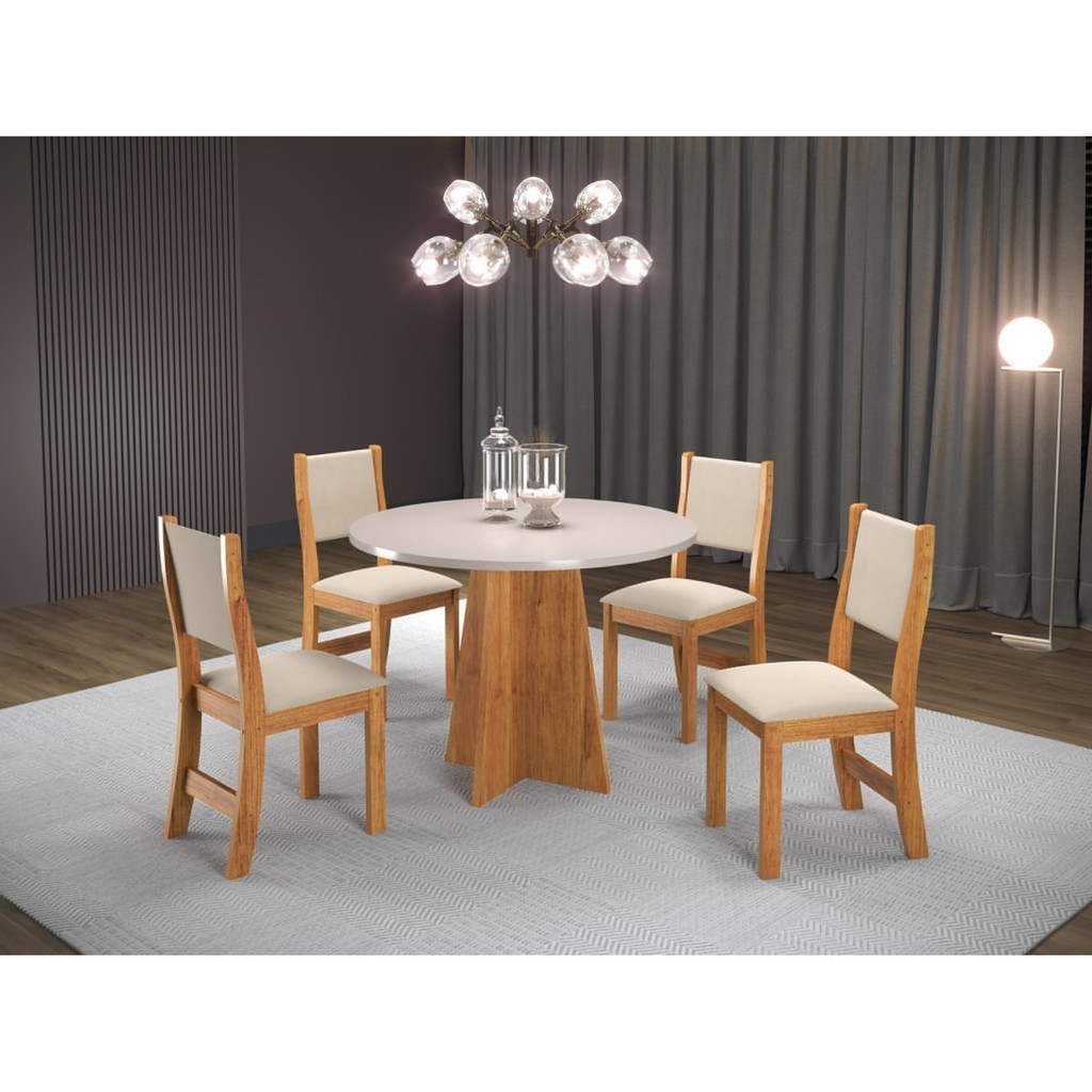 Conjunto Sala de Jantar Mesa Chilli 90cm Tampo Redondo com 4 Cadeiras Sol  Mel/Blonde/Bege